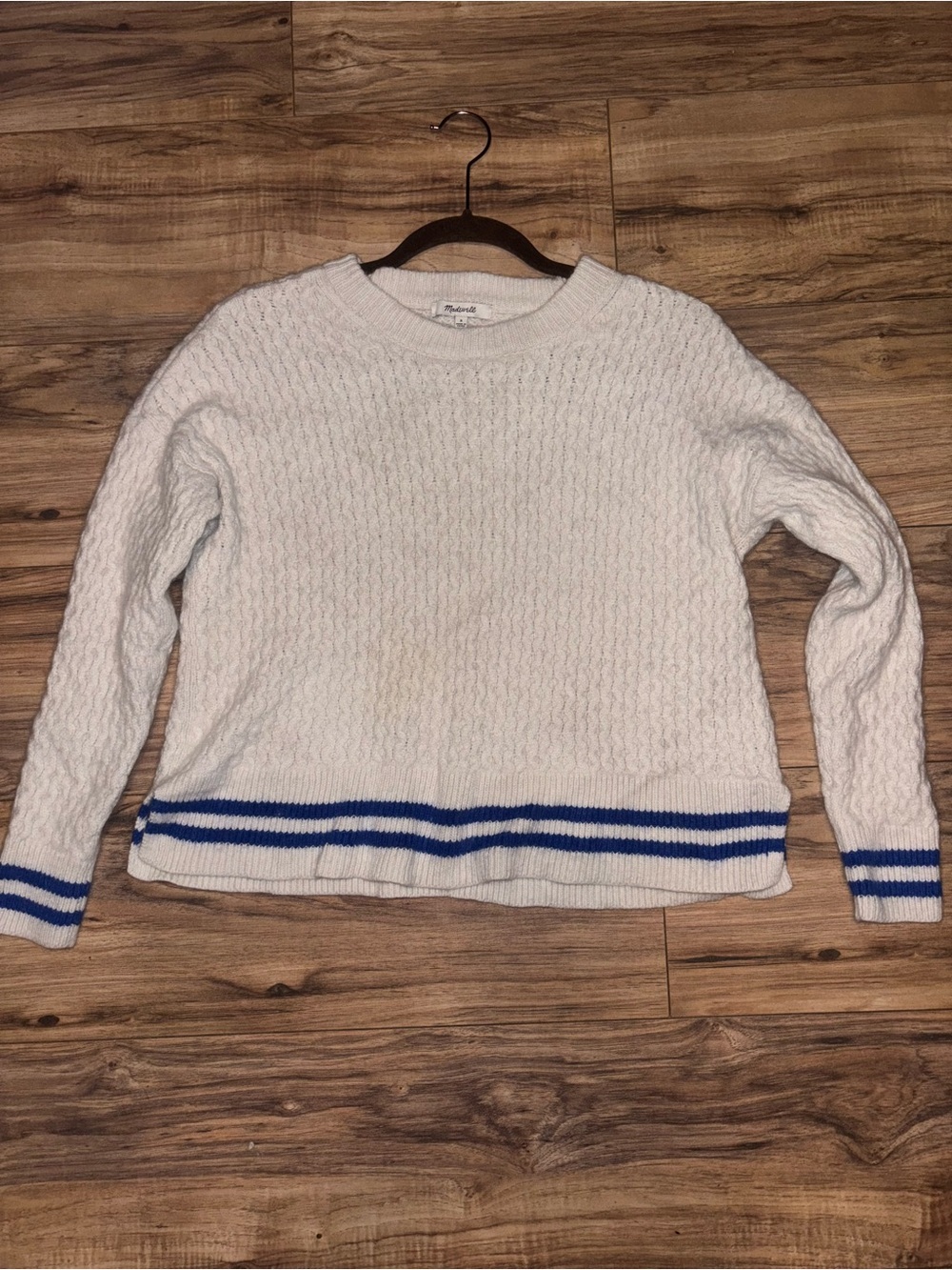 Madewell White Cable Knit Sweater with Blue Stripe Trim - Picture 9 of 10